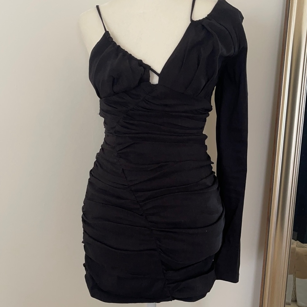 Black One Shoulder Ruched Mini Dress.